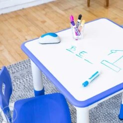 Adjustable Kids Table And Chairs 3-Piece Blue 11 Adjustable Kids Table And Chairs 3-Piece Blue -Children Sensory Toys square dry erase activity table blue 005