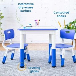 Adjustable Kids Table And Chairs 3-Piece Blue 10 Adjustable Kids Table And Chairs 3-Piece Blue -Children Sensory Toys square dry erase activity table blue 006